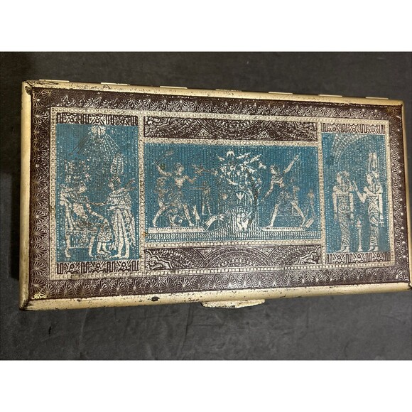 Other - Vintage Metal Wood Lined Box Jewelry Trinket Keepsakes W Lid Egyptian 9.5”x5”